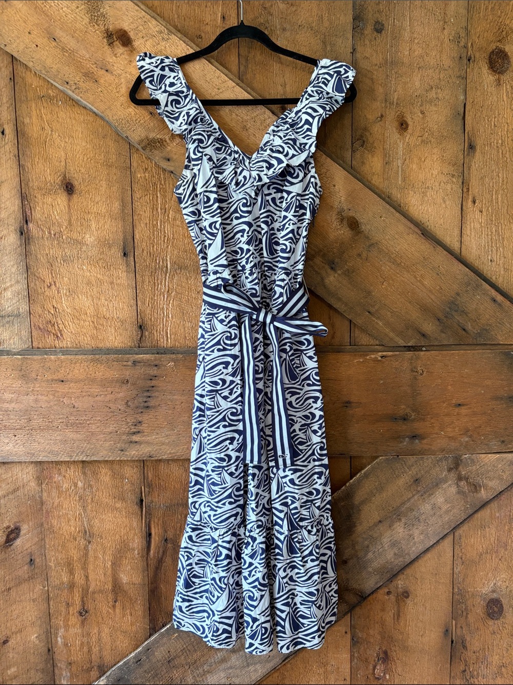 Vineyard Vines Target Navy White Ruffle Maxi Dress Striped Tie Sailboat Print M